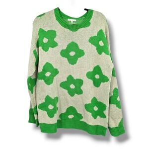 Baevely‎ Green Floral Knit Sweater Trendy Pullover Crew Neck Top Size M